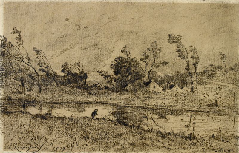 Paisagem retratando uma cena de vila de Henri-Joseph Harpignies, Impressionismo