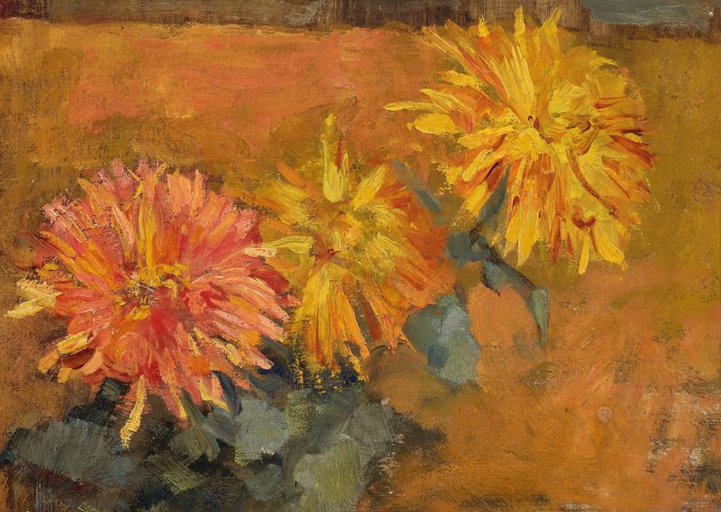 Still life oil painting of chrysanthemums by Piet Mondrian
