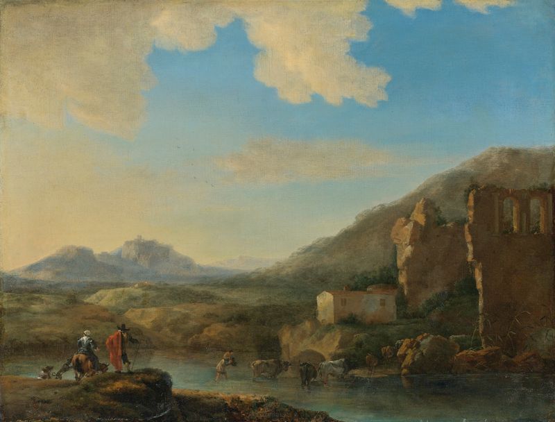 Mountainous landscape by Jan Asselijn, oil on canvas, featuring a river and lush greenery.