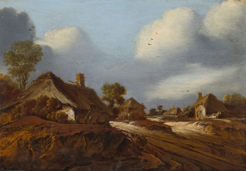 Landscape of a Dutch village with cottages and trees by Pieter van Santvoort, oil painting