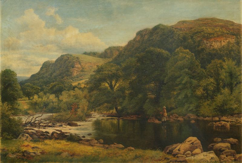 A tranquil landscape with soft greens and blues, oil painting by Benjamin Williams Leader