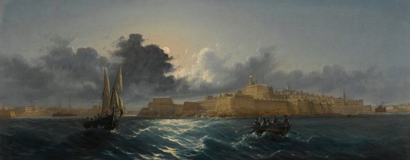 Paisaje de costa y fortificaciones, óleo de Luigi Galea