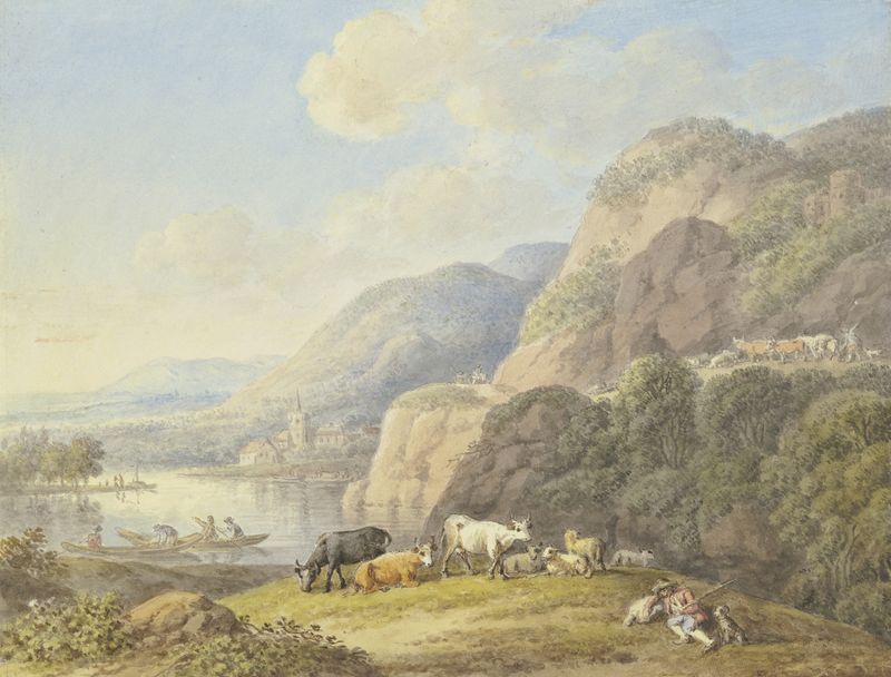 Landscape with a lake, hills, and clouds by Carl Philipp Schallhas, oil on canvas