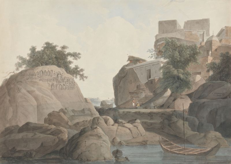 Fakir’s Rock at Sultanganj de William Daniell, pintura a óleo que retrata uma paisagem rochosa.