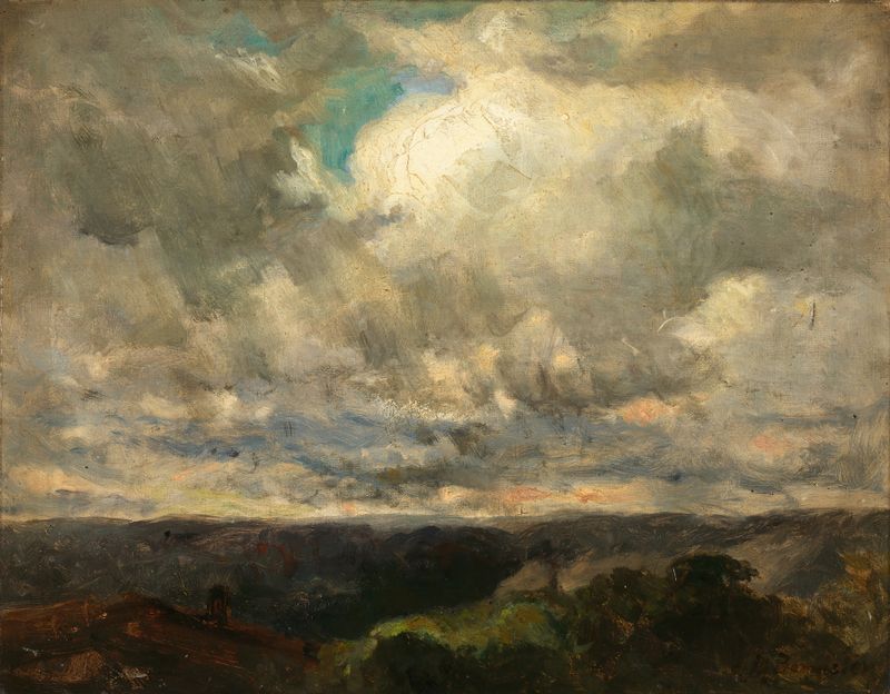 Paisagem com colinas onduladas e céu nublado, pintura a óleo de Edward Mitchell Bannister