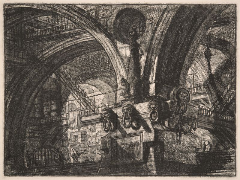 Gravura de Giovanni Battista Piranesi representando um pier com uma lâmpada iluminando sombras.