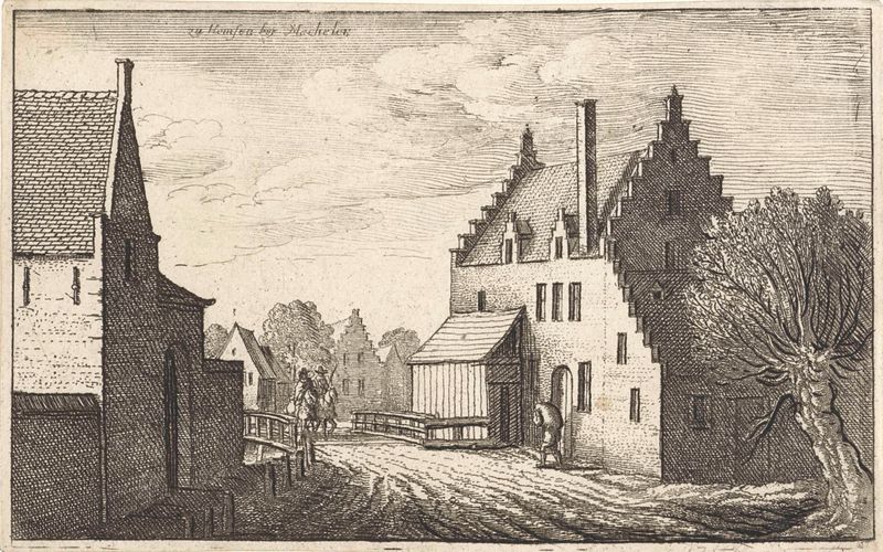 Gravura de Wenceslaus Hollar representando uma rua de vila com paralelepípedos e luz.