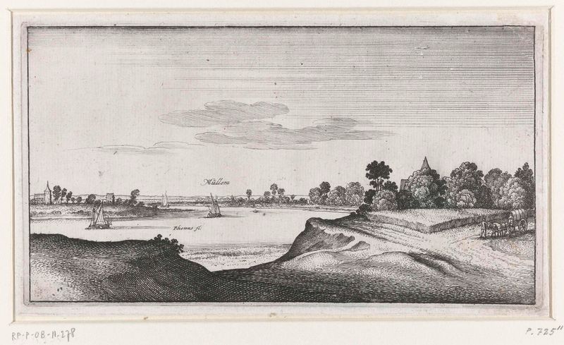 Landschap met gezicht op Mülheim, gravura de Wenceslaus Hollar, representando um rio e colinas.