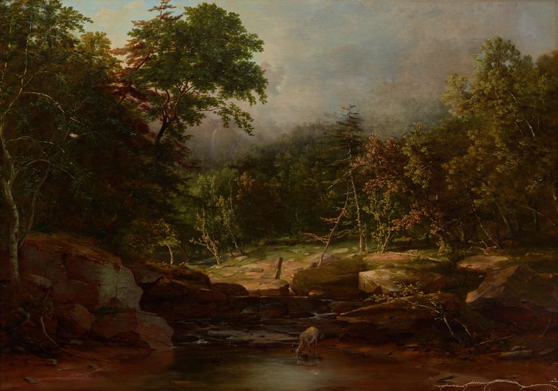 Stream in the Mountains, pintura a óleo de George Inness, retratando uma paisagem serena com um riacho.