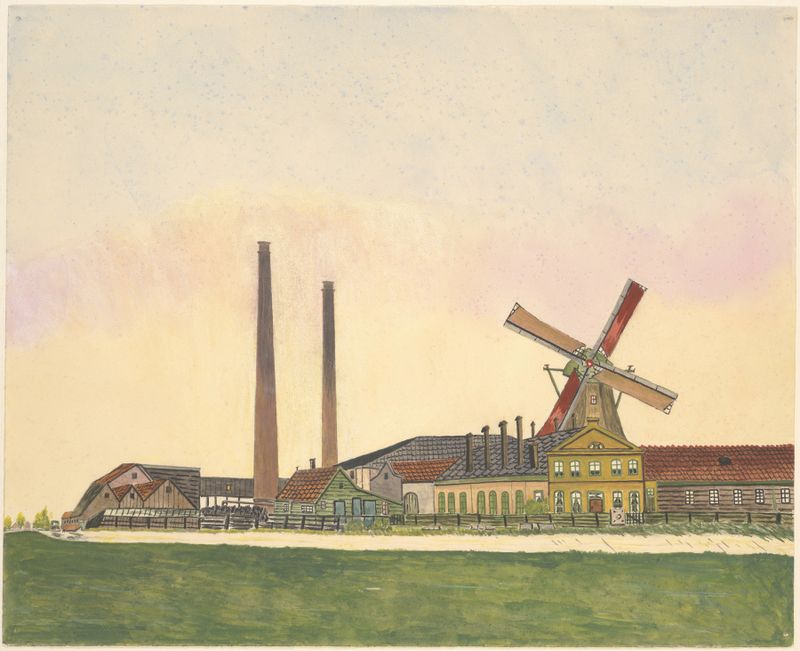 Paisaje con un molino de viento y chimeneas, pintura al óleo de Johannes Nicolaas Eijman