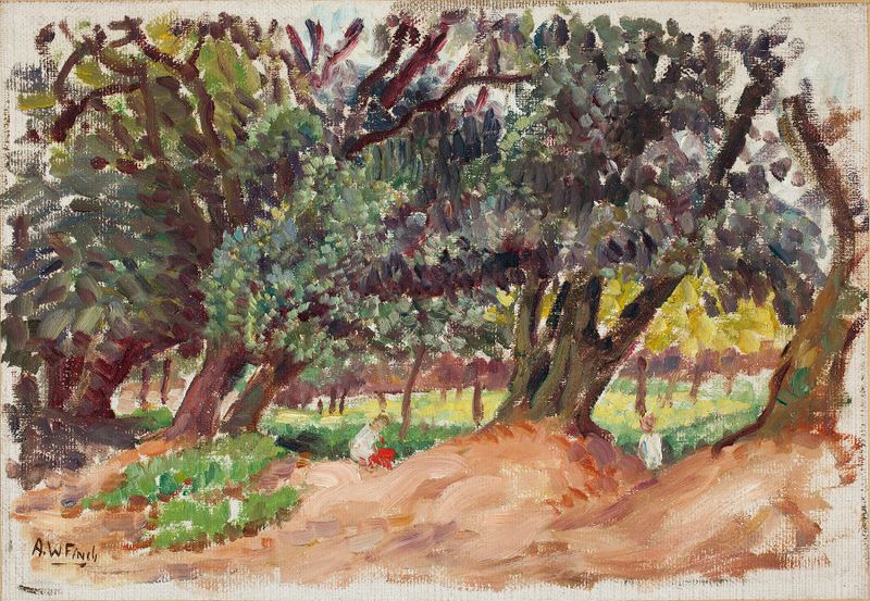 Landscape oil painting by Alfred William Finch featuring sunlight filtering through foliage.