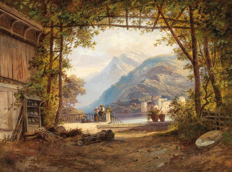 Tranquil lake scene with reflections, oil painting by Franz Barbarini