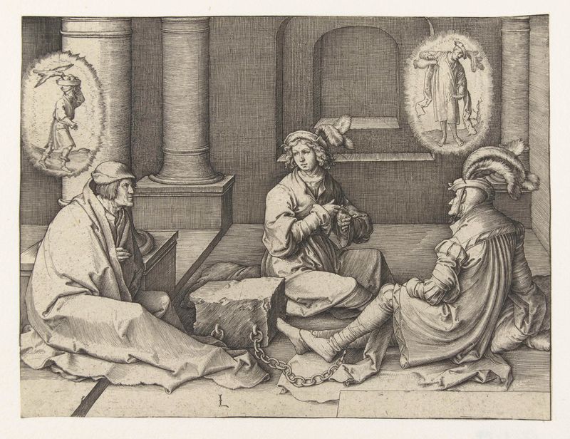 Grabado de Lucas van Leyden que representa a José interpretando sueños en una celda de prisión.