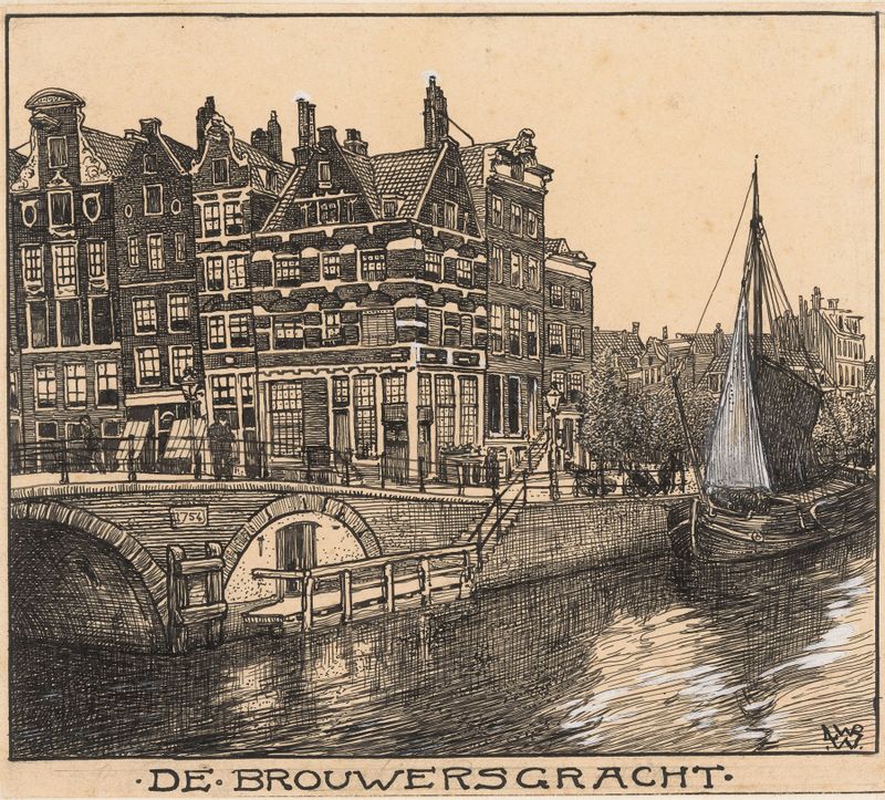 De Brouwersgracht te Amsterdam, óleo sobre tela de Willem Wenckebach mostrando um reflexo no canal.