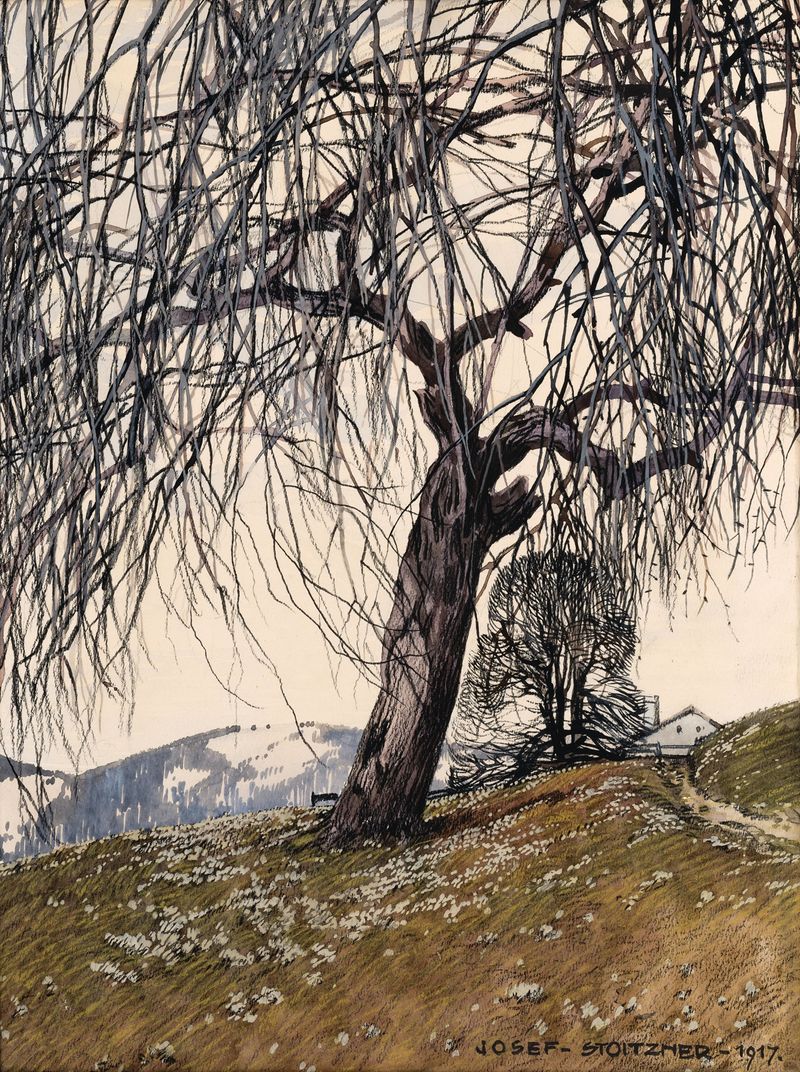 Landscape depicting dawn with soft hues, oil painting by Josef Stoitzner