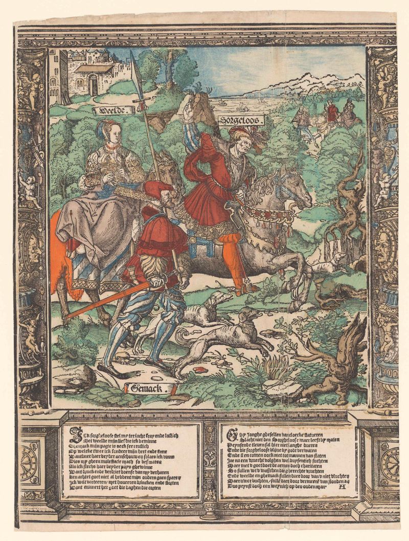 De jacht, óleo sobre painel de Cornelis Anthonisz, retrata caçadores com arcos em uma paisagem tranquila.