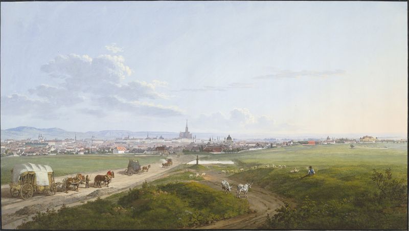 Landscape of Vienna with rooftops and sky, oil painting by Jakob Alt