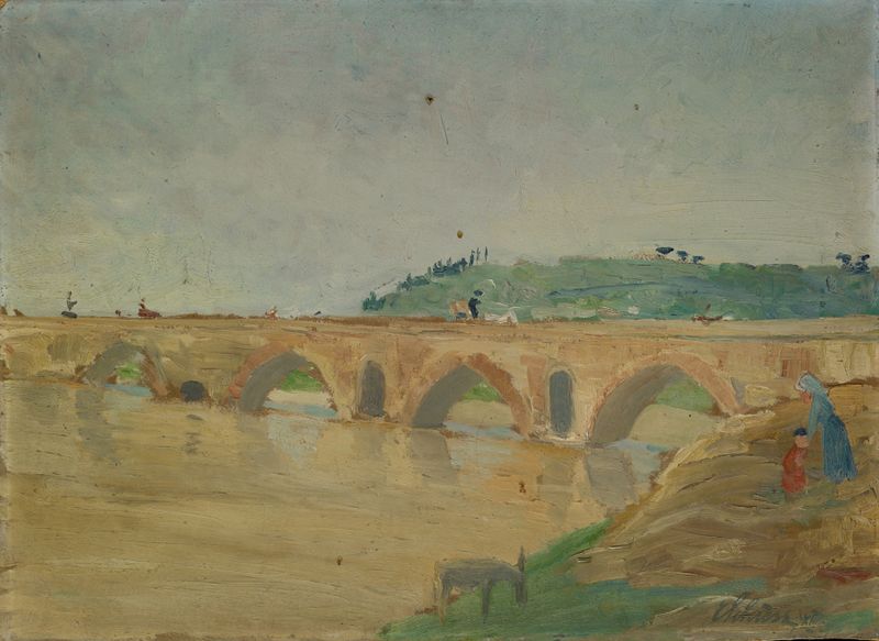 Ponte Molle de Ernst Schiess, pintura a óleo que retrata um rio com um arco e reflexos.