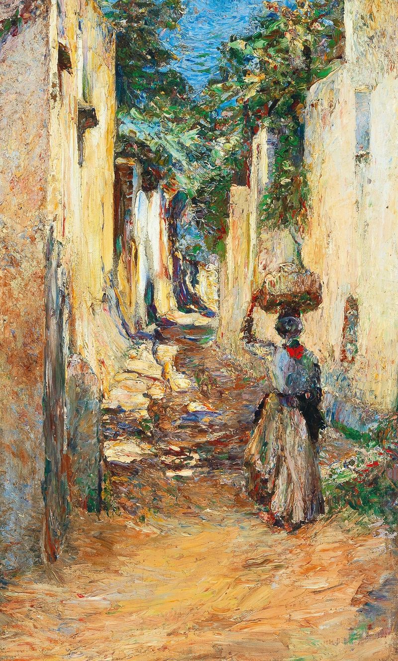 Oil painting by Leontine von Littrow depicting a cobblestone alley
