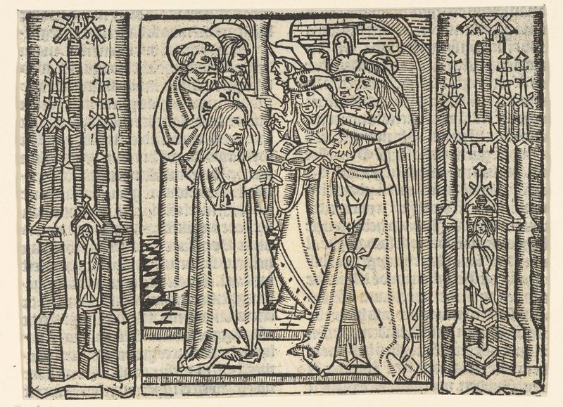 Religious scene with Christ and Farisees in a temple, paper by Master of Delft