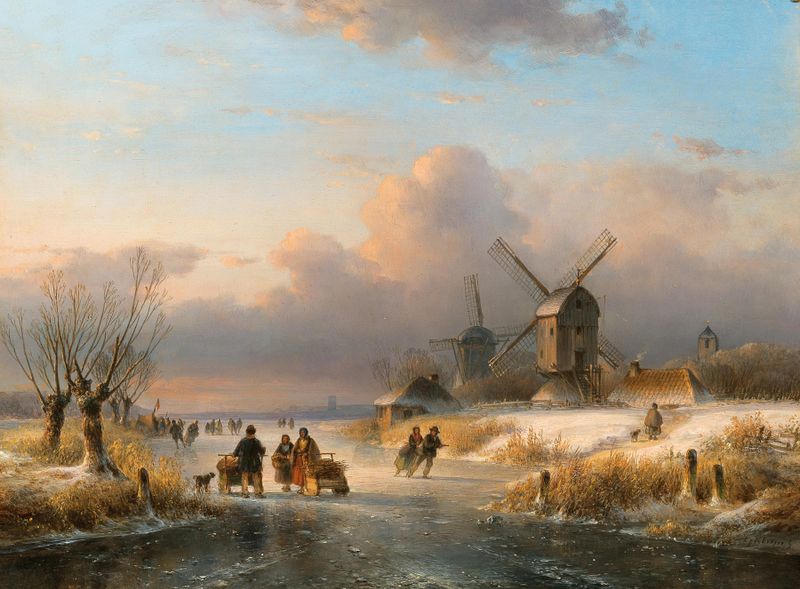 Genre scene depicting skaters on ice in winter by Lodewijk Johannes Kleijn, oil painting
