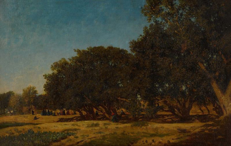 Paisaje con figuras y árboles imponentes, óleo sobre lienzo de Paul-Camille Guigou