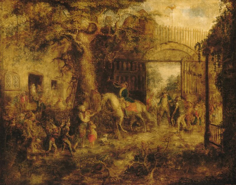 Arquitectura histórica con una puerta y muros, pintura al óleo de John Quidor
