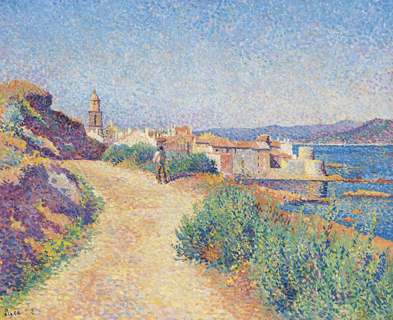 Saint-Tropez pintura al óleo de Maximilien Luce que representa un puerto animado con barcos y luz solar.