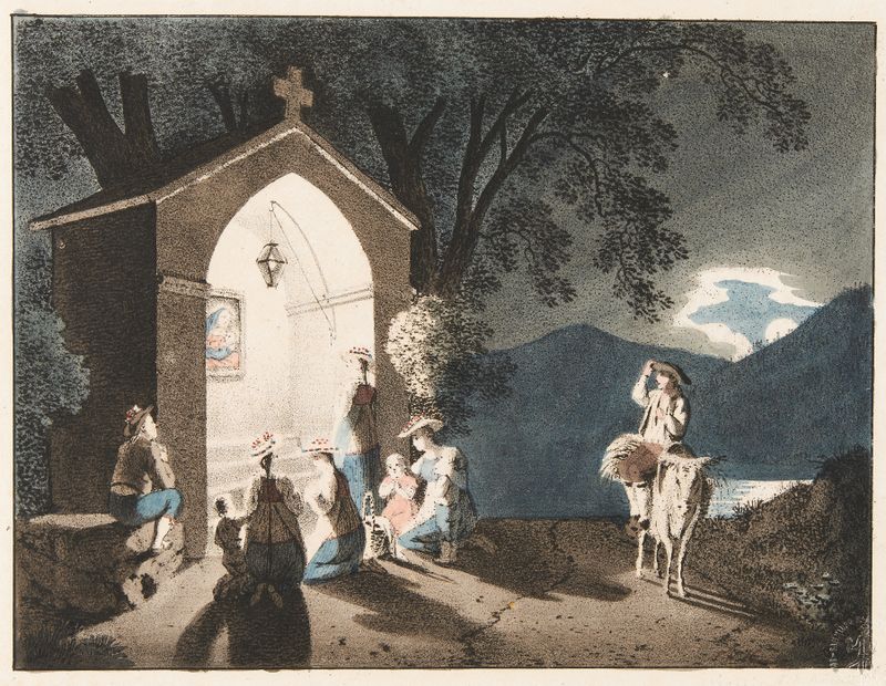 Pintura religiosa a óleo de Franz Niklaus König que retrata uma cena de oração com luz dourada e sombras.