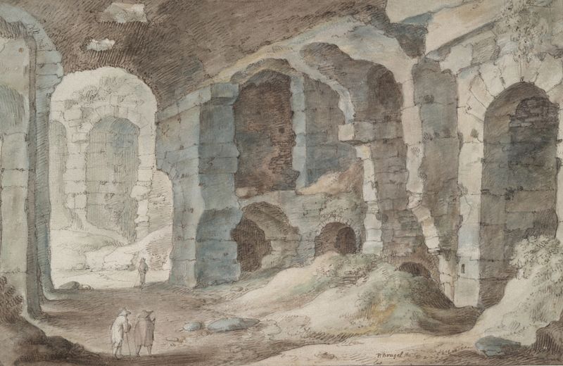 Ruínas Romanas, óleo sobre madeira da Escola de Pieter Brueghel o Velho, com colunas em ruínas e um céu apagado.