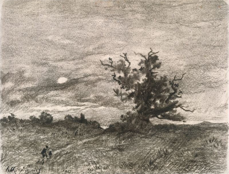 Moonlit Landscape de Henri-Joseph Harpignies, óleo sobre lienzo que muestra colinas iluminadas por la luz de la luna.