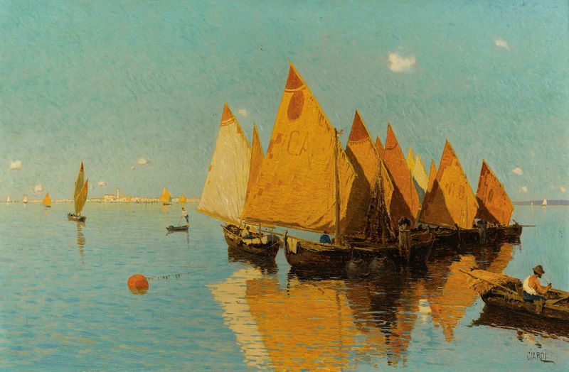La Quiete In Laguna by Guglielmo Ciardi, realism, depicting a serene lagoon with reflections, unknown medium