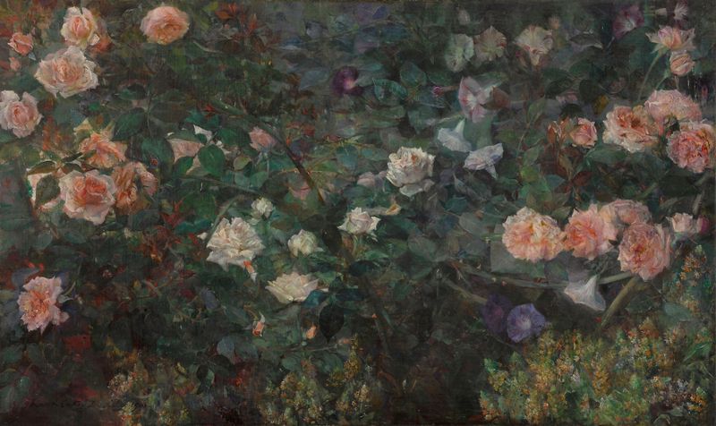 Rose Garden by Maria Oakey Dewing, oil on canvas, featuring women in a garden with blooming roses.