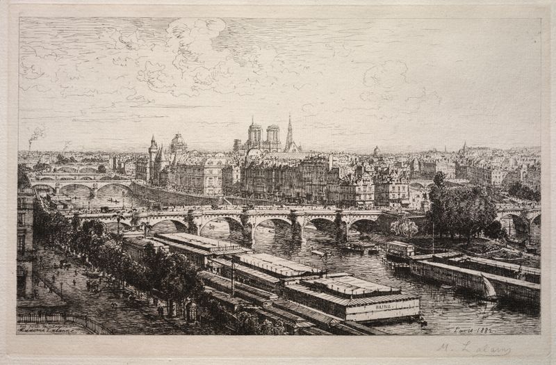 View from the Louvre by Maxime Lalanne, oil painting depicting trees and architecture.