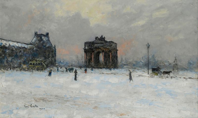 Landscape oil painting by Siebe Johannes Ten Cate featuring the Pavillon de Flore and Arc de Triomphe