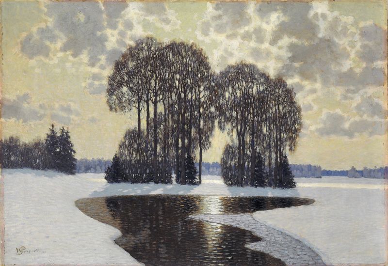 Invierno de Vilhelms Purvītis, una pintura al óleo impresionista de colinas nevadas.