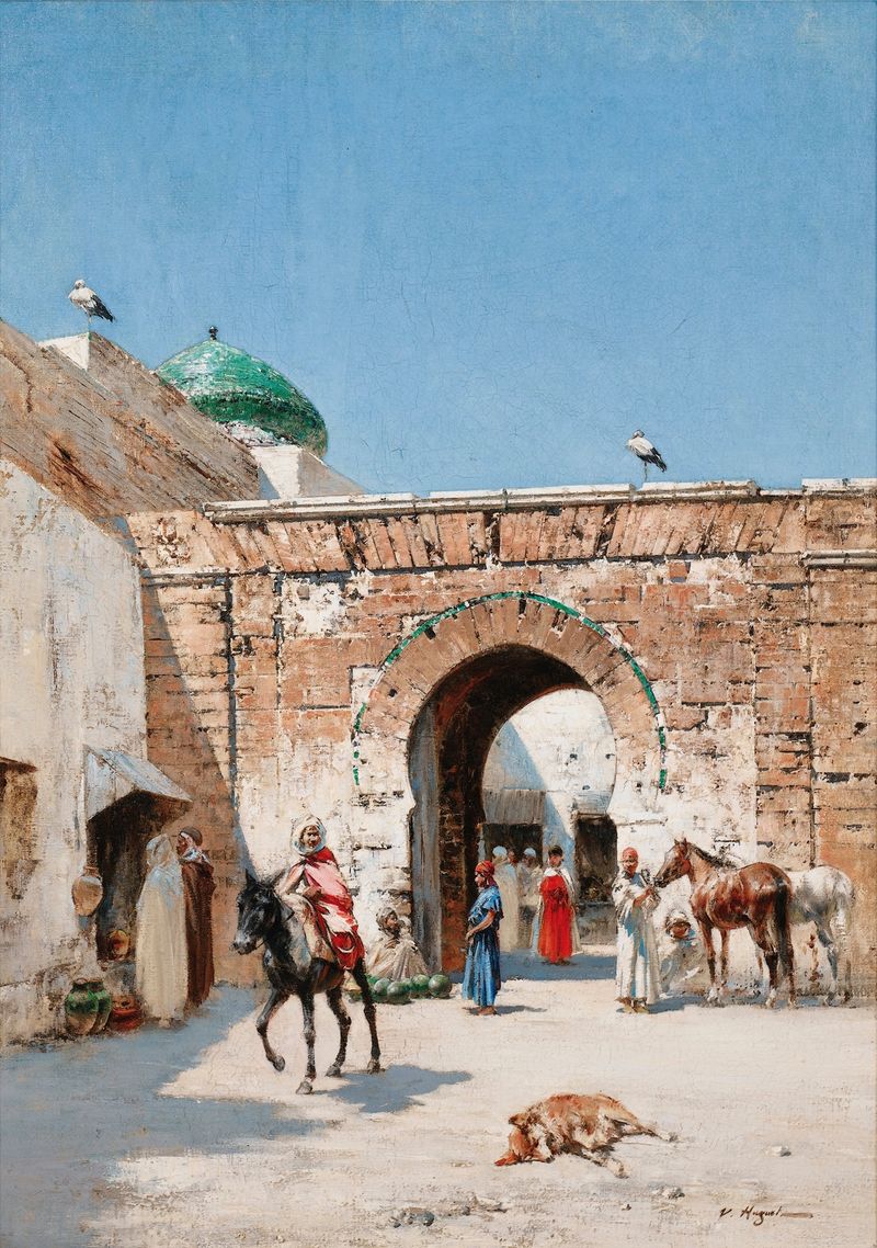 Horseman at the entrance of a North-African town, oil on canvas by Victor Huguet