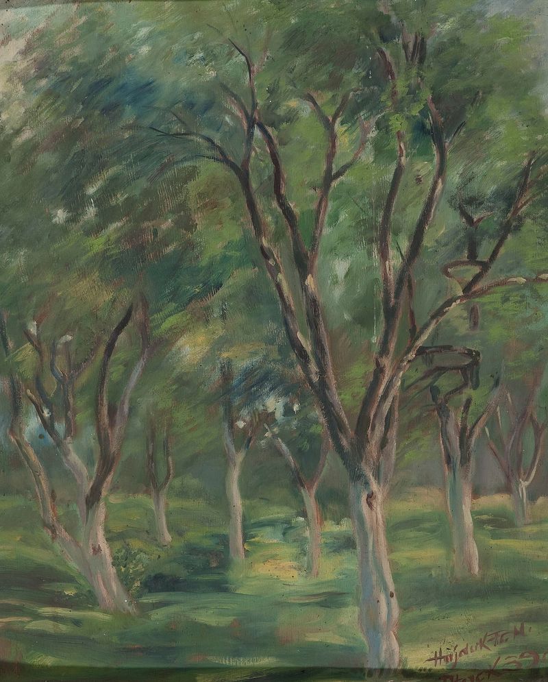 Paisagem de Franciszek Hajduk, óleo sobre tela retratando um jardim com flores e uma figura solitária.