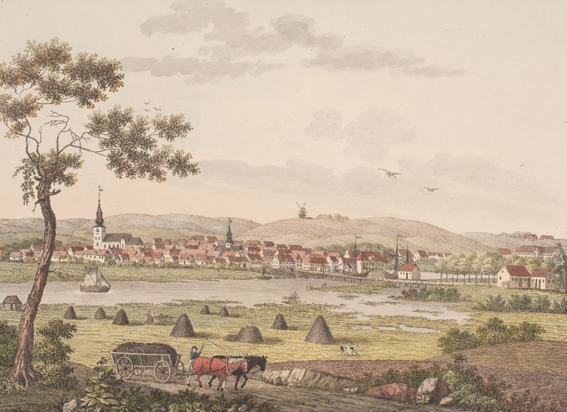 Landscape with figures in stillness, oil painting by Søren L. Lange