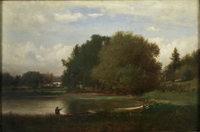 Landscape de George Inness, óleo sobre tela, retratando um prado sereno sob o crepúsculo.
