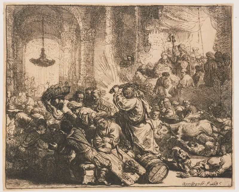 Christ driving the money changers from the temple, etching by Rembrandt van Rijn