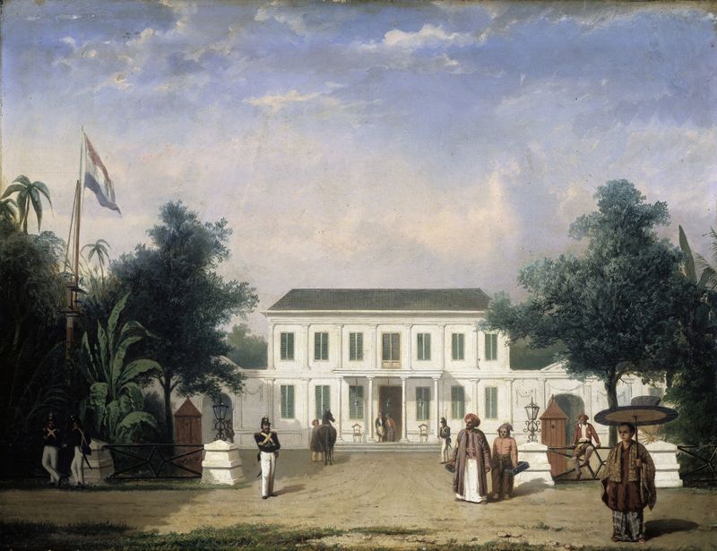 House on the Rijswijk, Batavia de Ernest Alfred Hardouin, pintura a óleo que retrata a elegância arquitetônica.