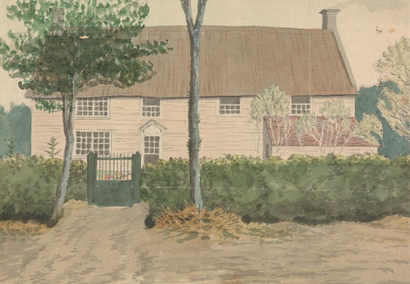 Farmhouse by Edward Francis Burney, oil painting depicting a rustic building in a serene landscape.