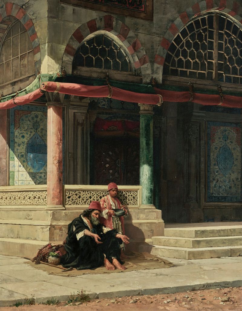 Oil painting by Stanisław Chlebowski depicting holy men outside a mosque in Bursa.