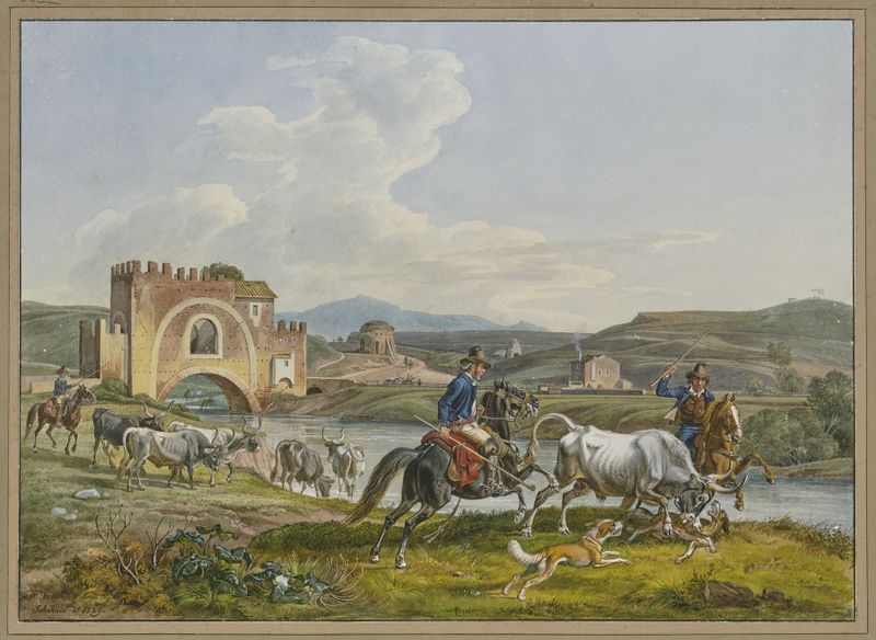 Genre scene with horsemen and hounds capturing a bull, oil painting by Johann Adam Klein