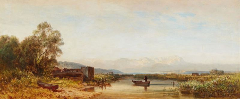óleo de un lago con un pescador de Eduard Schleich The Elder
