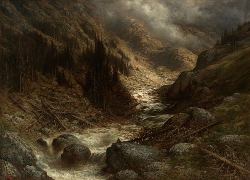 Landscape depicting a torrent in the Engadine by Gustave Doré, oil painting