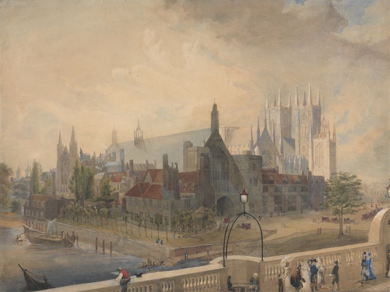 View of Westminster Abbey from the bridge, oil painting by John Gendall