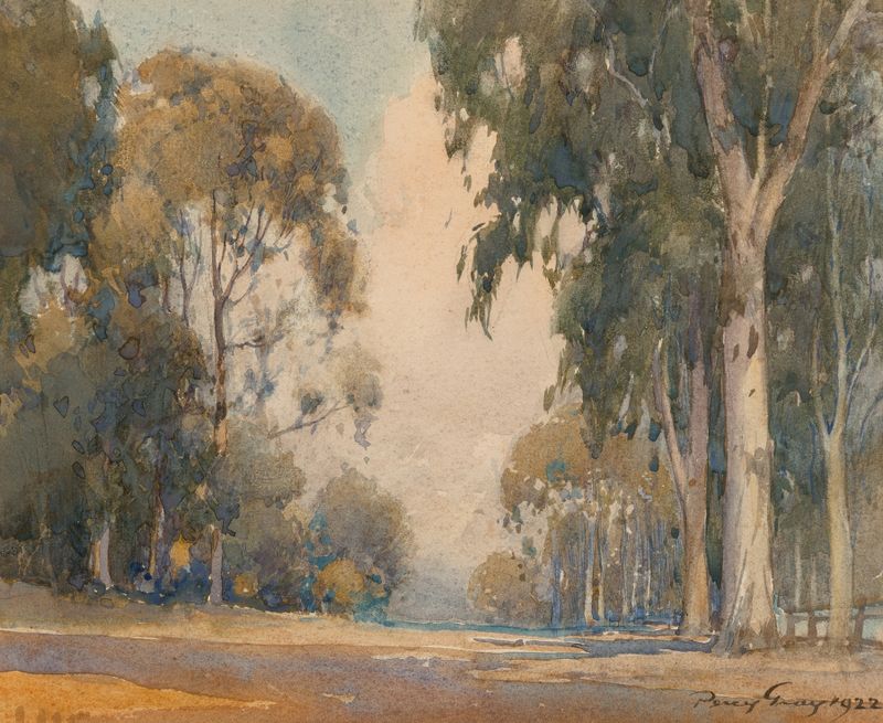 Eucalyptus de Percy Gray, paisagem impressionista com altas árvores e um céu sereno.