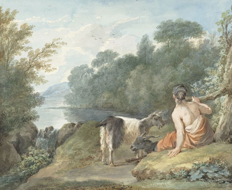 Herderin met geiten in een landschap met een meer, oil on canvas by Aert Schouman